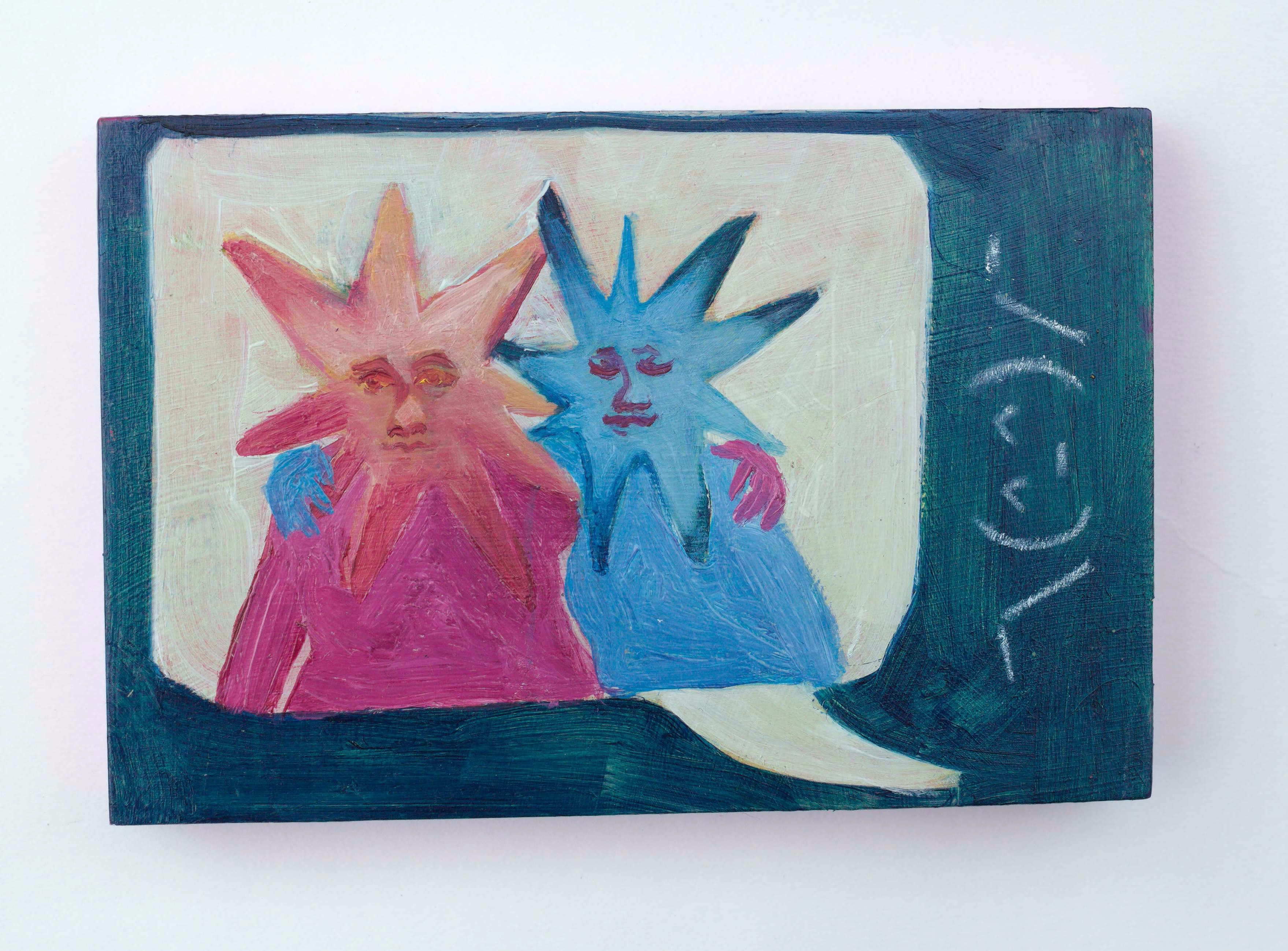 A small oil painting of two people with star shaped heads. They have their arms around eachother in a sign on freindship